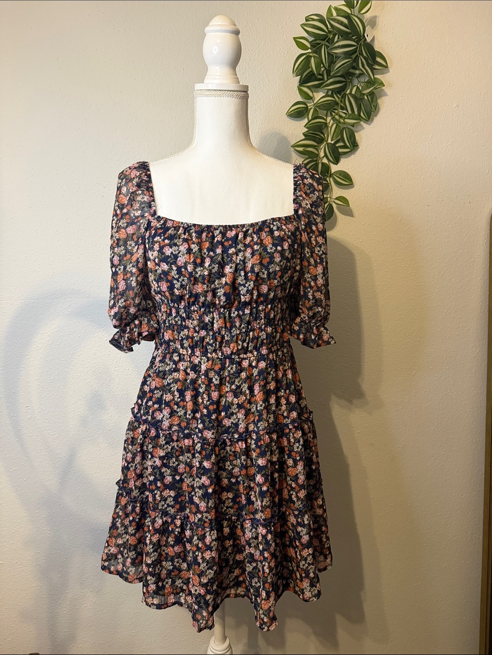 Trixxi Navy Floral Square-Neck Smocked Mini Dress